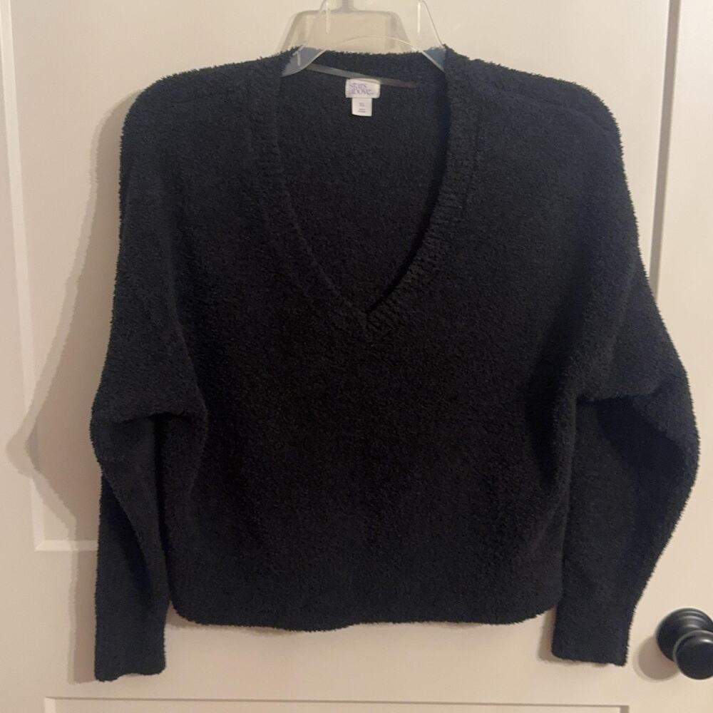 Stars Above Sweater Womens XL Black Fuzzy V Neck Long Sleeve Cozy Knit
